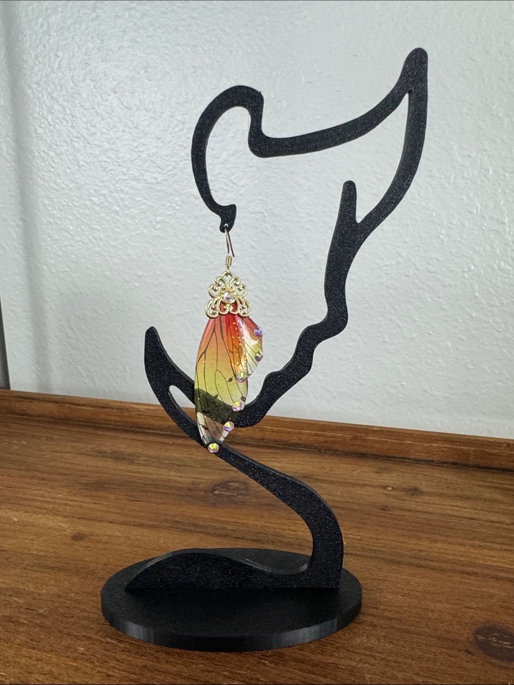 Gold-Accent Monarch Butterfly Wing Drop Earrings in Red and Yellow - Picture 2 of 4